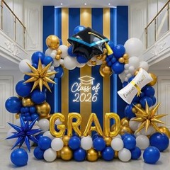 138PCS Blue & Gold Graduation Balloon Arch Kit Class of 2026 Decor