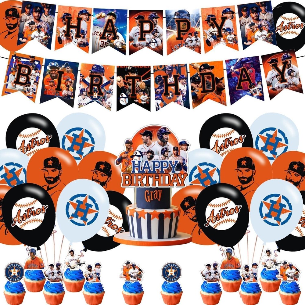 Astros Baseball Party Supplies: Banner, Cake Toppers, Balloons for Baseball Team
