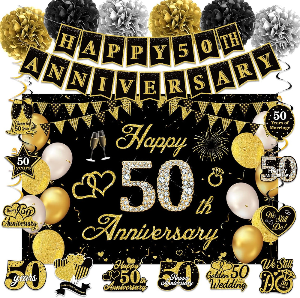 50Th Wedding Anniversary Party Decorations Supplies Kit – 41PCS Black Gold Happy