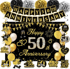 50Th Wedding Anniversary Party Decorations Supplies Kit – 41PCS Black Gold Happy