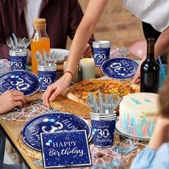 142 Pcs 30th Birthday Tableware Set Decorations Sliver and Blue 30th Happy Bi…