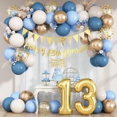 13th Birthday Decorations for Girls Boys, Dusty Blue Cream White Gold 13 Ball…
