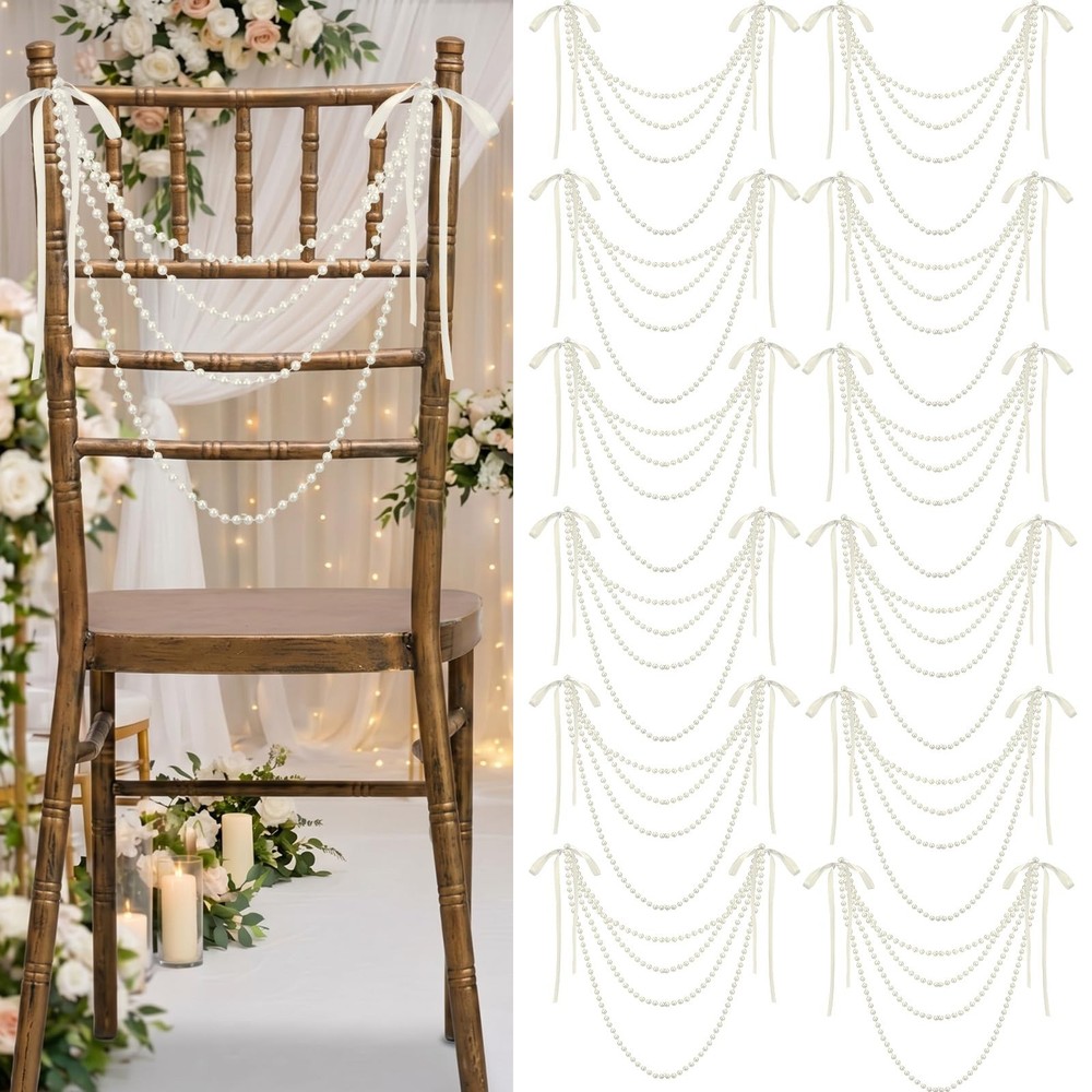 8 Pcs Wedding Pearl Bow Chair Decor Satin Ribbon Bows with Pearl Beaded Strin…