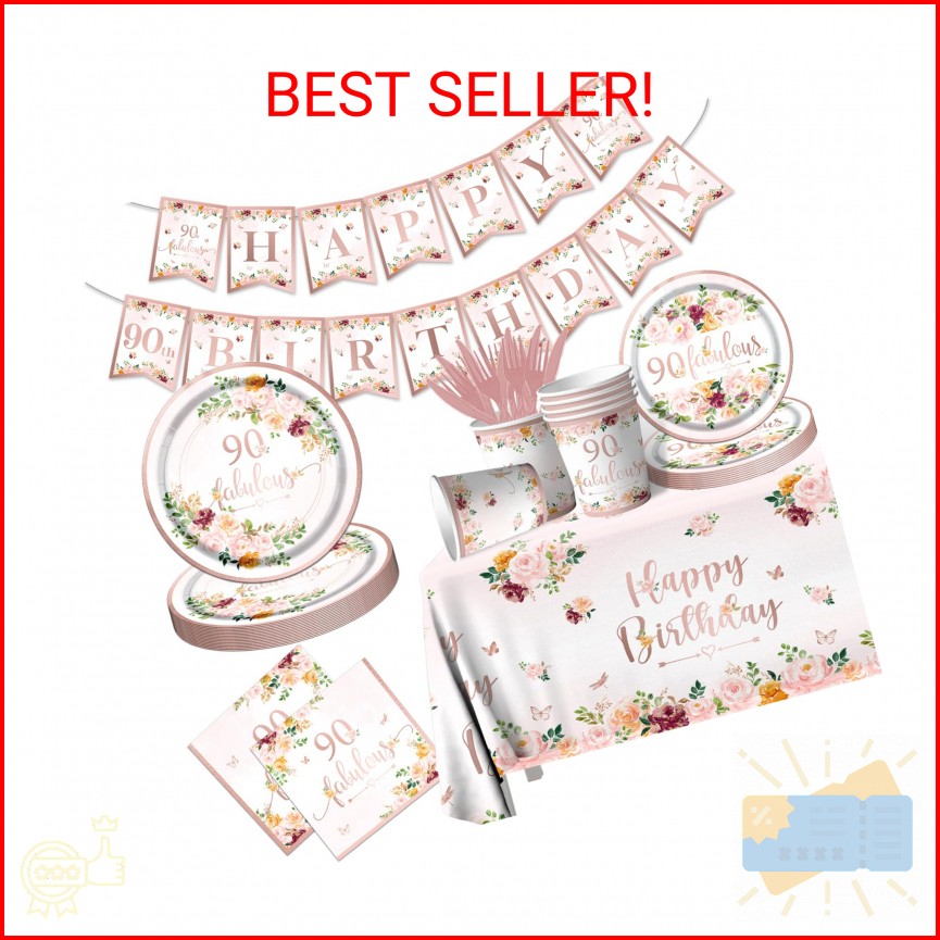 Rose Gold 90th Birthday Party Decorations – Tableware Set with Plates, Napkins,
