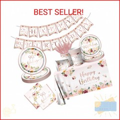 Rose Gold 90th Birthday Party Decorations – Tableware Set with Plates, Napkins,