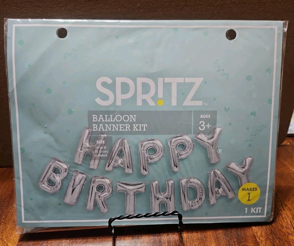 Spritz™ «Happy Birthday» Balloon Silver Banner Kit New 14″ Height Inflated,