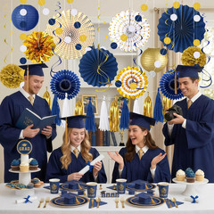 34 Pcs Blue and Gold Party Decorations, Hanging Paper Lanterns Fans Blue gold