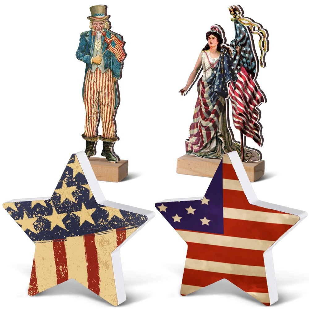 4 Pcs 4th of July Tiered Tray Decor Patriotic Wooden Table Decorations Indepe…