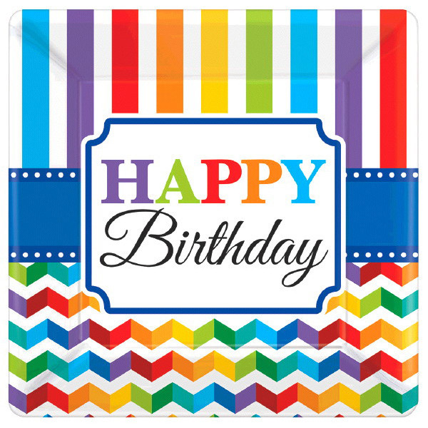 Bright Color Chevrons Square Dessert Plate and Napkin Happy Birthday Party Pack
