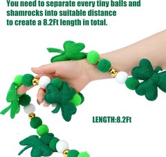 8.2Ft St Patrick’s Day Garlands 3D Felt Shamrock Clover Garlands with Gold Bead