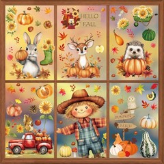 Fall Window Clings, 9 Sheets 99 Pcs Autumn Scarecrow Woodland