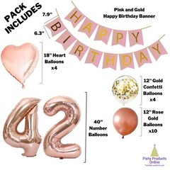 42nd Birthday Decorations For Her – Pink and Rose Gold Theme – Balloons, Banner