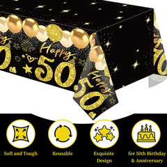 2Pcs 50Th Birthday Tablecloth, Black Gold 50Th Birthday Decorations for Men Wome