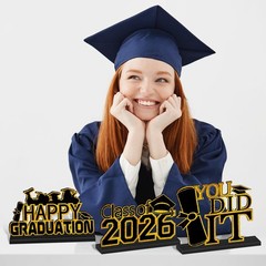 4 PCS Black Gold Graduation Decorations Class 2026 Wooden Table Centerpieces