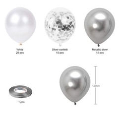 50 Pack White Silver Confetti Balloons 12 Inch Metallic Party Decor Ribbon