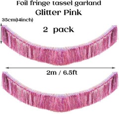 Glitter Pink Fringe Garland -4 Layers Thick, 2 Pack Metallic Tinsel Tassel