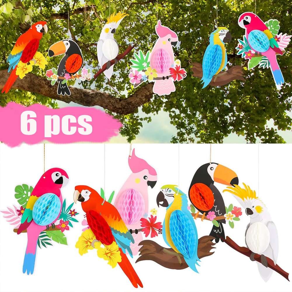 6pcs Tropical Birds Hanging Parrot Paper Honeycomb Hawaiian Party Bar Wall Decor