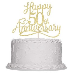 golden Glitter Happy 50th Anniversary Cake Toppers -Wedding 50th Gold
