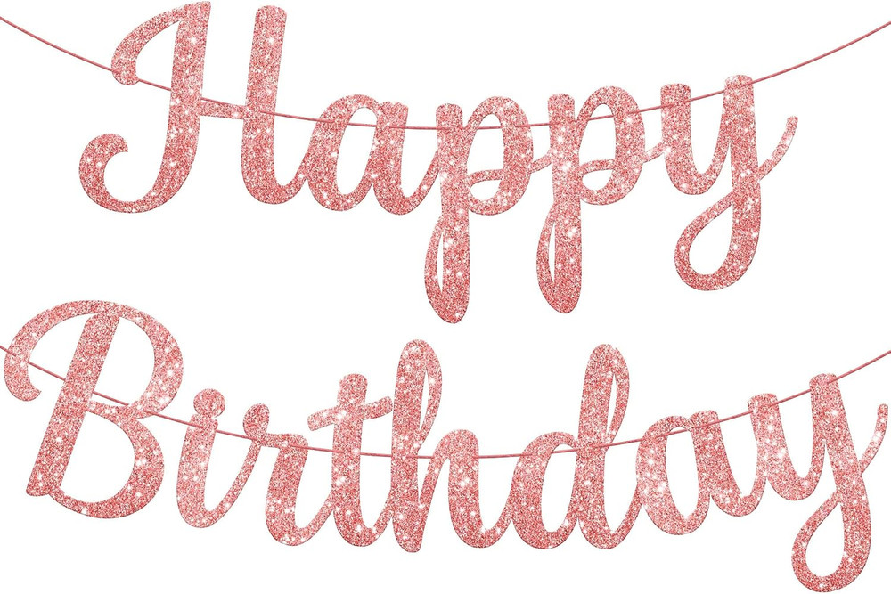 Glitter Rose Gold Cursive Happy Birthday Banner – Pre-Strung 10 Feet | Pink Happ