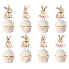 36 PCS Pink Bow Floral Bunny Cupcake Toppers Rabbit Theme Party Decoration