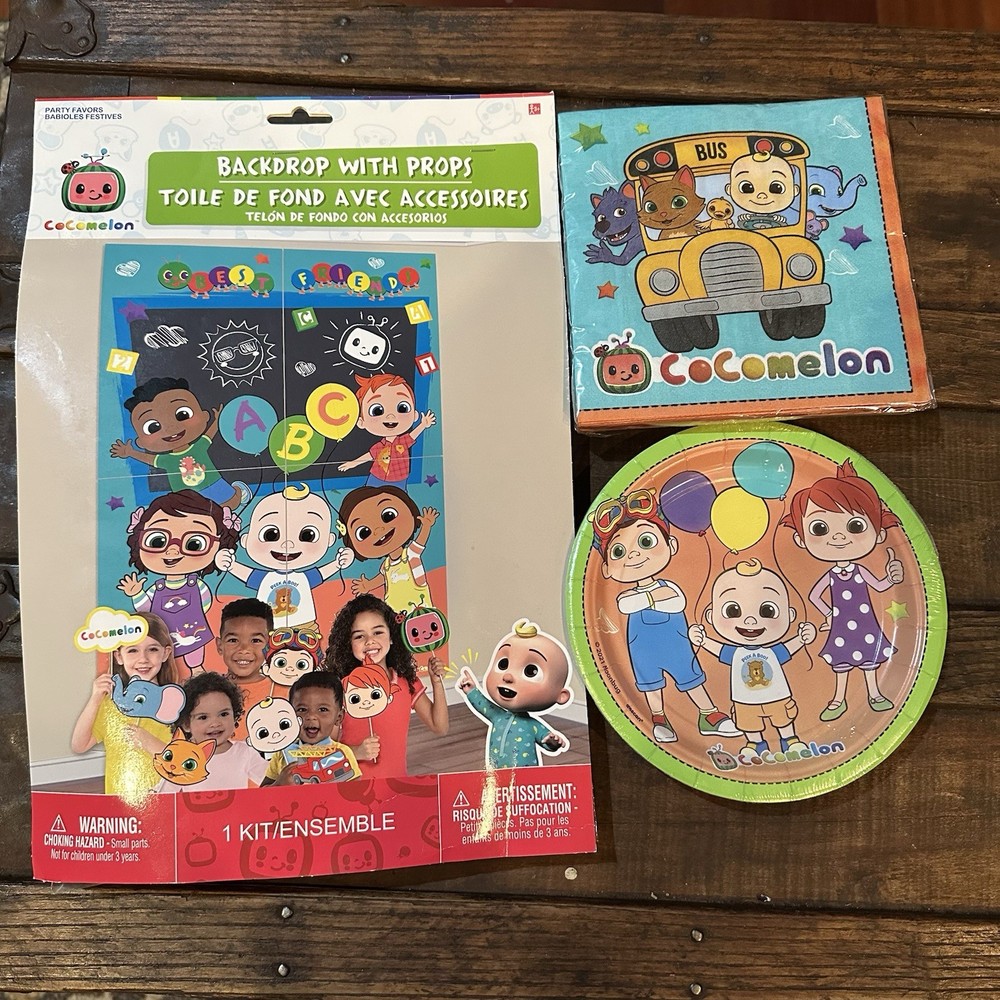 Cocomelon Backdrop W/ Photo Props Napkins Plates Kids Birthday Decorations Lot