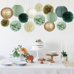 Sage Green Party Decorations, Lanterns and Pom Poms Flowers for Party Baby Sh…