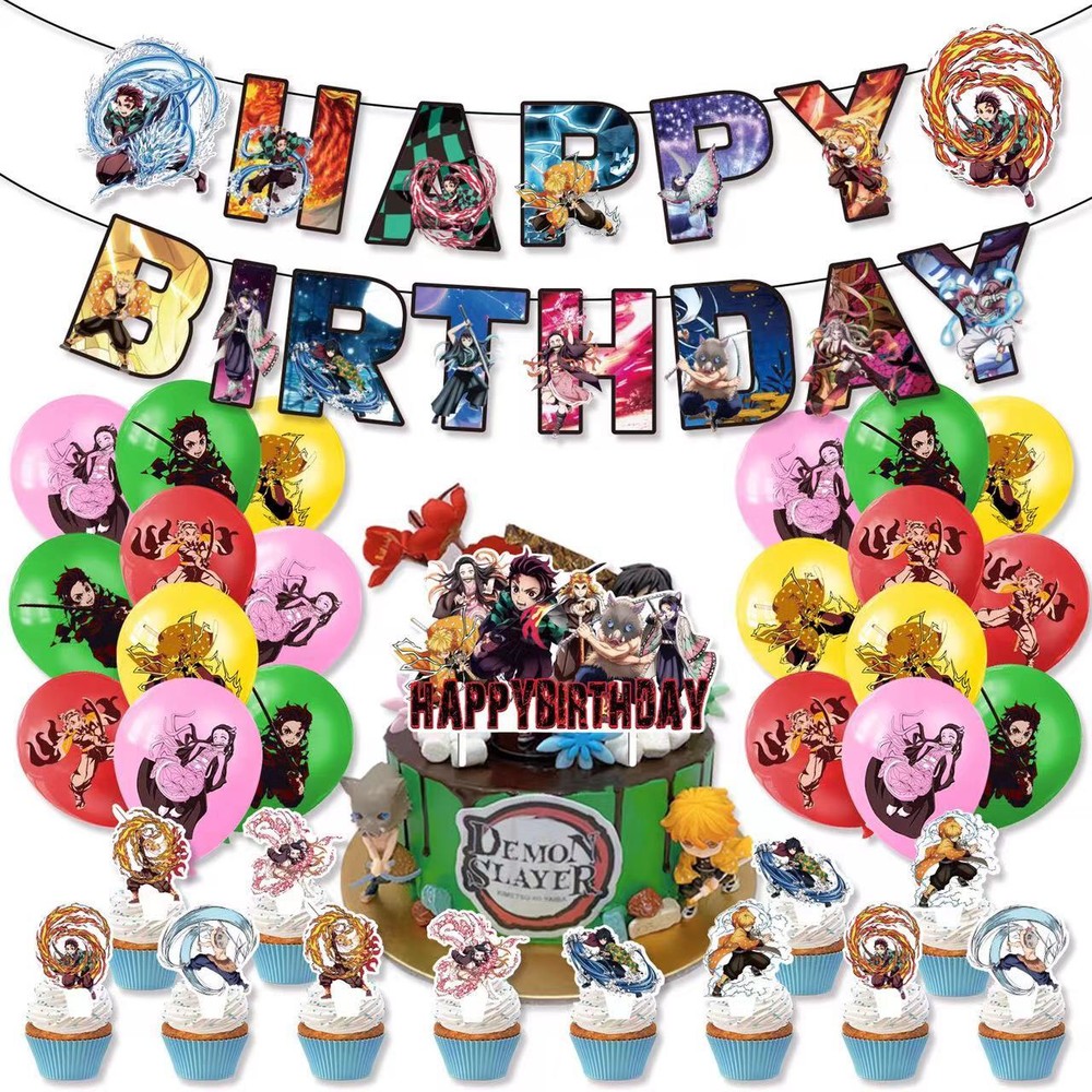 Anime Demon Slayer Birthday Party Supplies，Cake Toppers Banner Balloon Decor Set