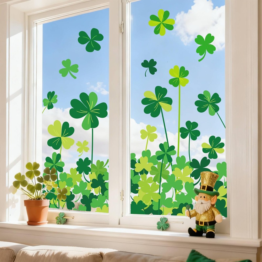 6 Sheets St. Patrick’ s Day Window Clings Window Decal Green Shamrock Clover Reu