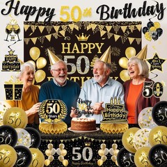 50th Decorations for Men,Pre-Strung 50th Banner with Backdrop,Tablecloth,Hone…