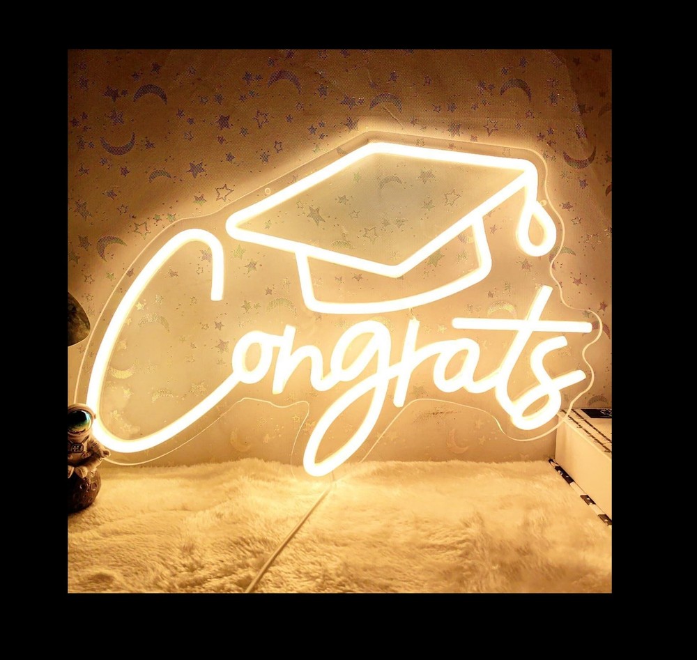 Congrats Grad Neon LED Sign Graduation Cap Warm White Adjustable brightness NIB