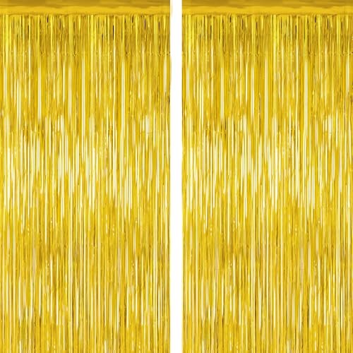 2 Pack Tinsel Backdrop, 3.28 FT x 7.05 FT Metallic Fringe Curtain 2 PCS Gold
