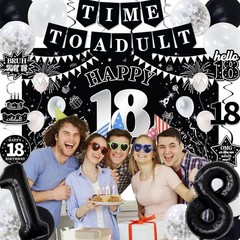 Decorations for Boys Girls, Black White Happy 18th Birthday Party Decorations, T