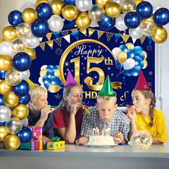 Blue Gold 15Th Birthday Banner with Confetti Balloon Arch, Happy Fifteen Banner