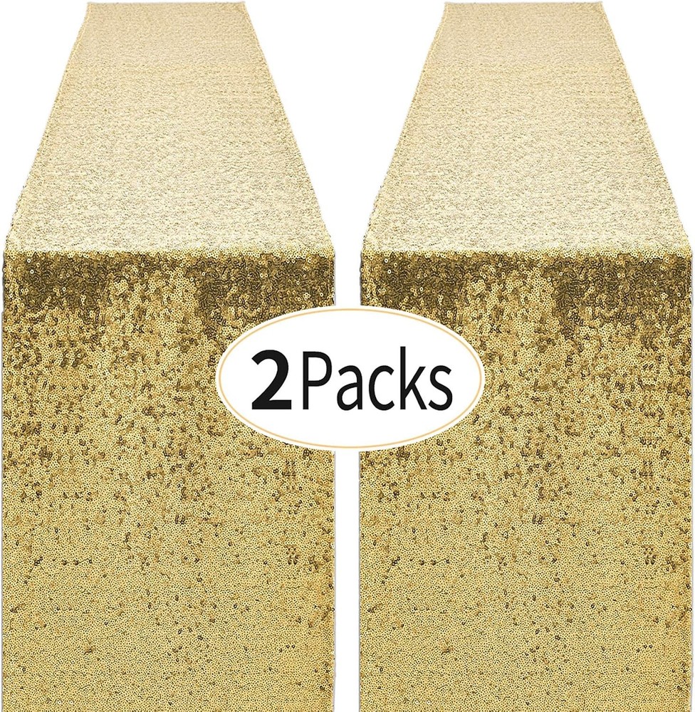 2 Packs 12 x 72 inches Gold Sequin Table Runner, Glitter Runner for Birthday