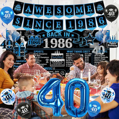40Th Birthday Decorations for Men, 20PCS Black Blue Back in 1986 Birthday Party