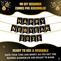 Elegant Gold and Black Happy New Year Banner 2025 10 Feet Reusable Decor