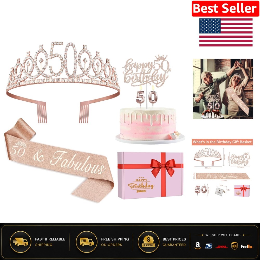 Complete 50th Birthday Decorations for Women: Sash, Crown & Glittery Cake Topper