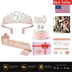 Complete 50th Birthday Decorations for Women: Sash, Crown & Glittery Cake Topper