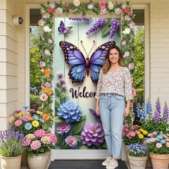 Welcome Butterfly Door Cover Spring Summer Door Banner Decorations Hydrangea…