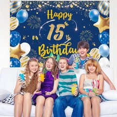 Happy 15th Birthday Backdrop Decorations Blue 15th Blue Gold Background Banner