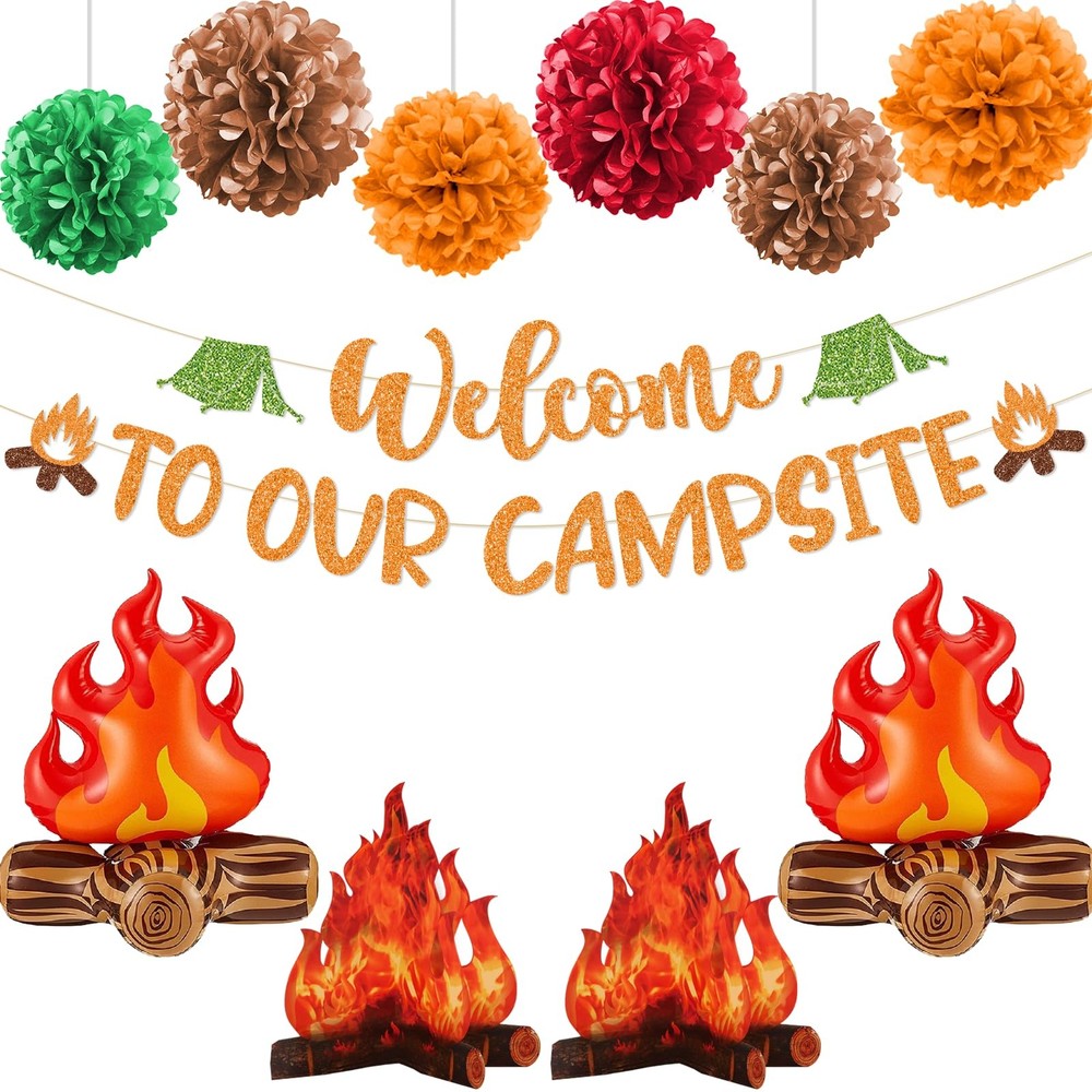 Camping Party Decorations, Welcome to Our Campsite Banner 3D Campfire Centerp…