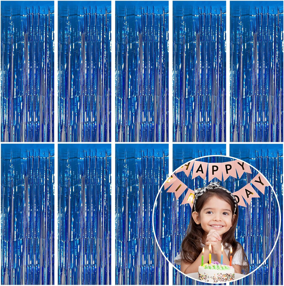 10 Pack Foil Curtain Backdrop Blue Metallic Tinsel Foil Fringe Curtains Photo Bo