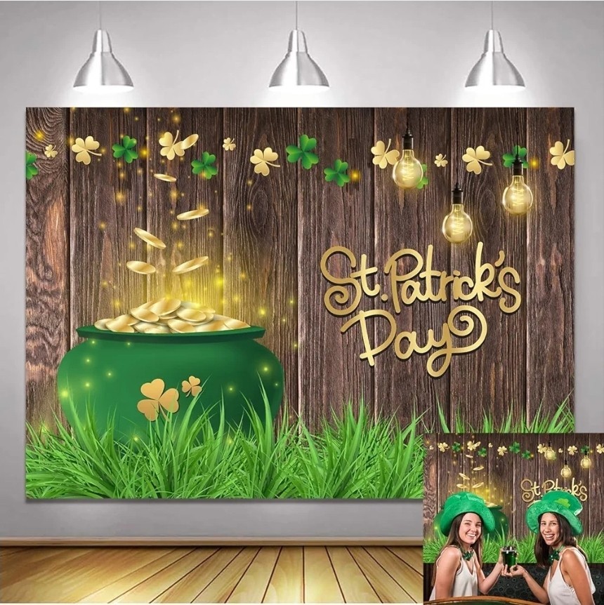Happy St Patricks Day Party Backdrop 8x6FT Vintage Wood Board Lucky Clover…