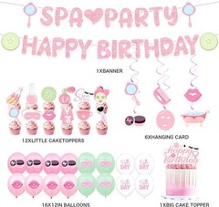 Pink Spa Birthday Party Decorations,Kit With Banner, Balloons, Cake Topper
