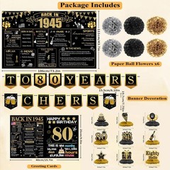 80th Birthday Decorations for Women Men, 18PCS Black Gold Back in 1945 Banner…