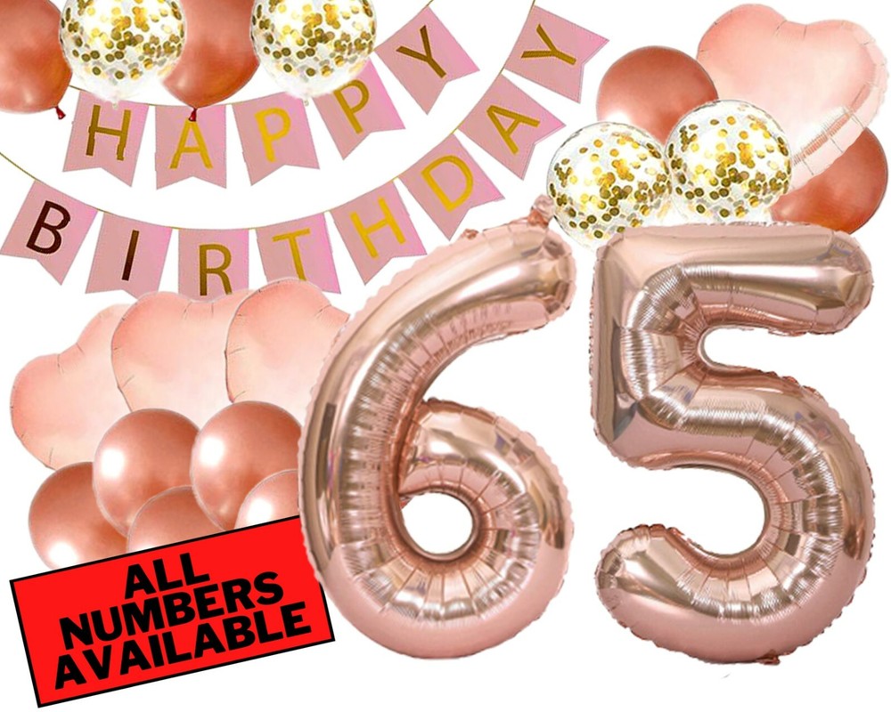65th Birthday Decorations For Her – Pink and Rose Gold Theme – Balloons, Banner