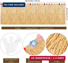 3 Packs Hawaiian Luau Grass Table Skirt 108 x 30 Inch Tropical Hibiscus Luau Par