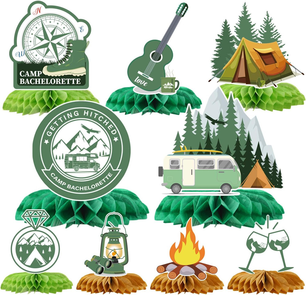 Camp Bachelorette Party Decorations, 9PCS Camping Party Honeycomb Centerpieces,