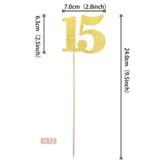 12 PCS Glitter 15th Birthday Centerpiece Sticks Number 15 Cake Toppers Gold