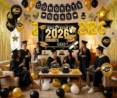 Graduation Party Decorations 2026–Black Gold Grad Banner, Class of Backdrop, Bal